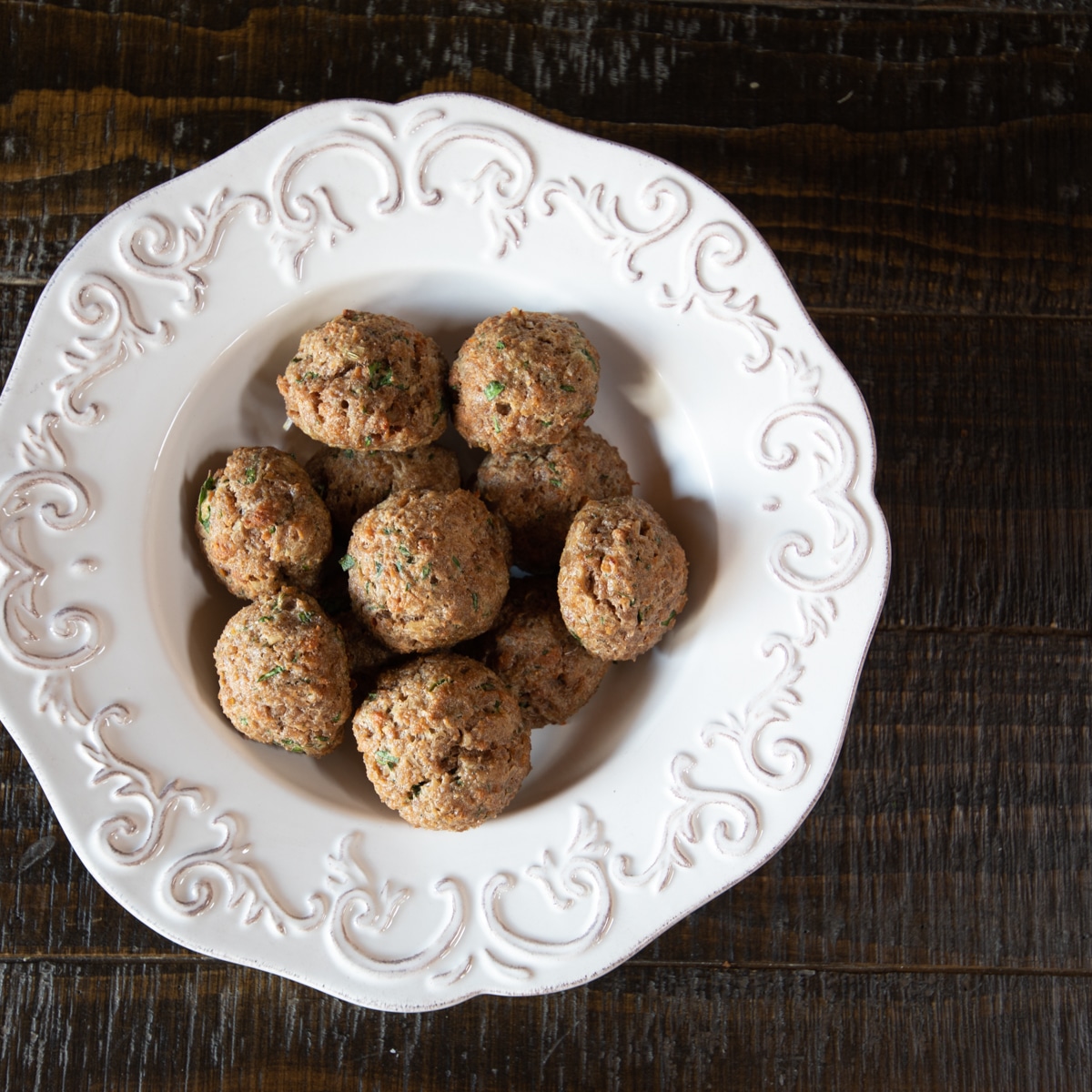 Cooked meatballs made with Beyond Beef in a bowl.