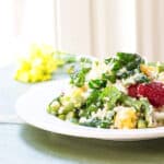 Side view of a baby bok choy salad with couscous, mango and strawberries.