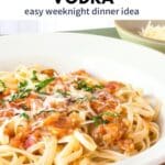 A bowl of pasta alla vodka with text overlay.