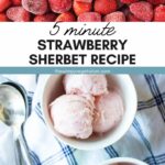 Strawberry sherbet in small bowls with text overlay.