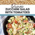 Zucchini and quinoa sauté with tomatoes in a skillet with text overlay.
