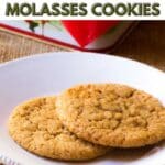 Two ginger molasses cookies on a plate with text overlay.