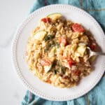One-pot pasta dish of tomatoes, zucchini, corn, pesto, and mozzarella mixed into orzo on a white plate.